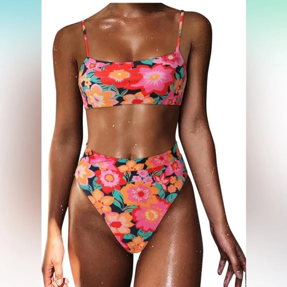 Women High Wasited Bikini Shoulder Strap 2‎ Piece High Cut String Swimsuits S